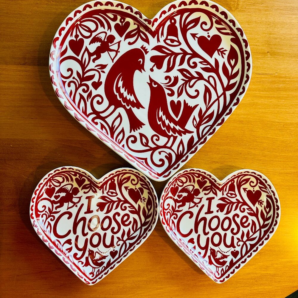 Set of 3 Valentine Love Bird Heart Cupid Plates from Crate & Barrel